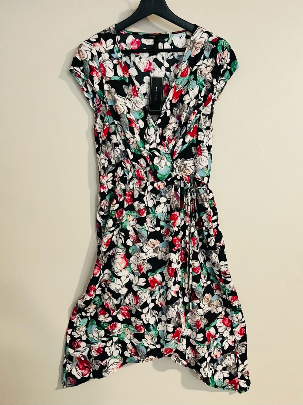 BCBGMAXAZRIA Women’s Black Combo Magnol Floral Faux Wrap Dress Size S